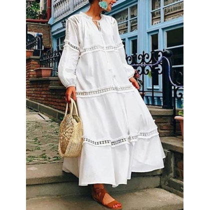 vacation v collar printed flying sleeve frenulum maxi dress