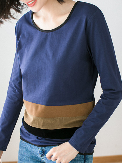 Round Neck Stitching Contrast Long-Sleeved T-shirt