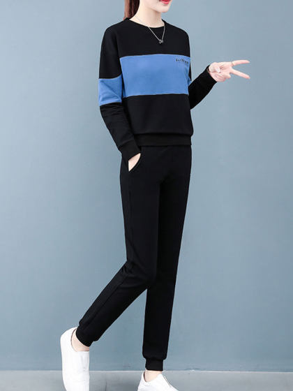 Round Neck Long Sleeve Color Matching Casual Suit