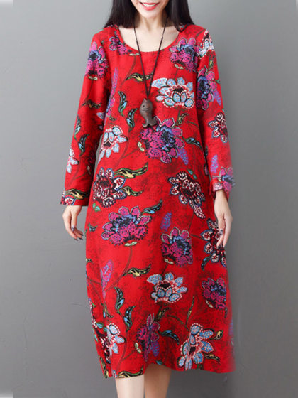 Ethnic Print Long Sleeve A-line Shift Dress