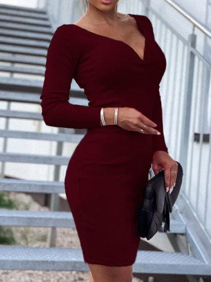 Solid Color V-neck Dress