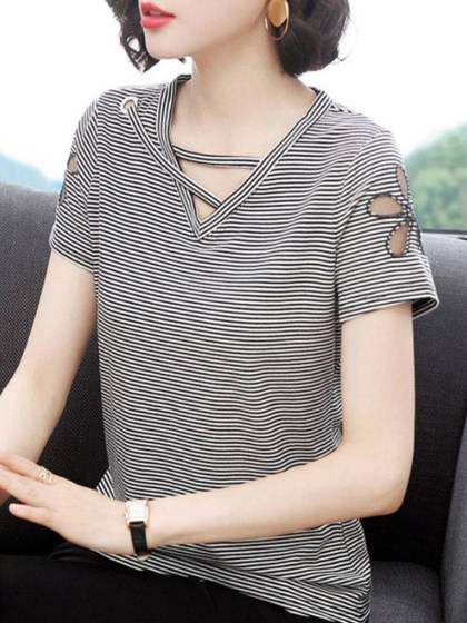 V Neck Striped Short Sleeve T-shirit