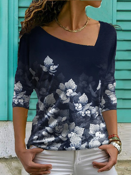 V-neck Floral Print Casual Long-sleeved T-shirt