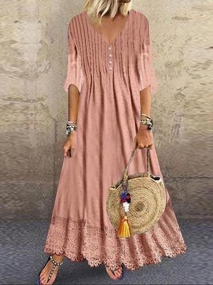Casual Solid Color Short Sleeve V-Neck Maxi Dress