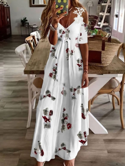 V-neck Lace Casual Loose Floral Print Short Sleeve Maxi Dress