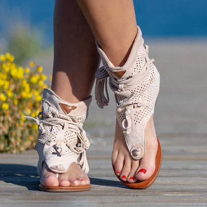 Retro flat fringed open-toe sandals