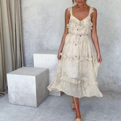 vacation v collar printed flying sleeve frenulum maxi dress