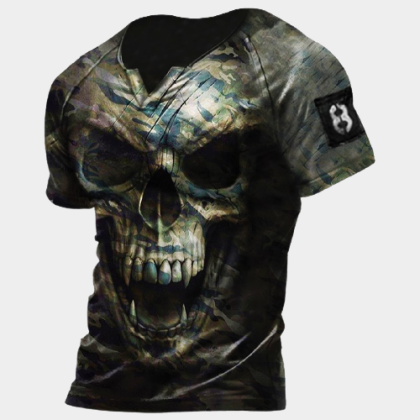 Mens Outdoor Camouflage Skull Print Tactical T-Shirt