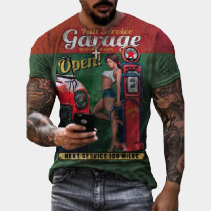 Mens retro Moto Tin Logo Printed T-shirt