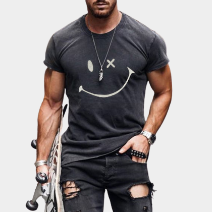 Mens Fashion Washing Short Sleeve Smiley T-shirt