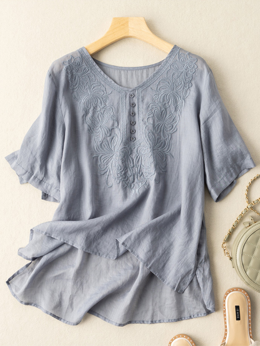 Summer Embroidered Cotton Short Sleeve Blouse
