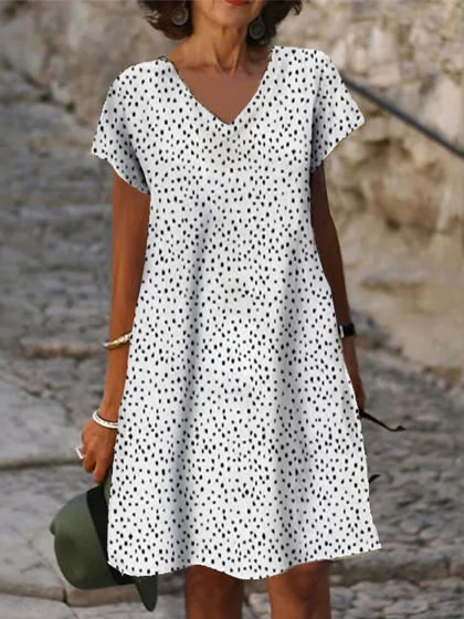 V-neck Casual Loose Polka Dot Print Holiday Short Sleeve Short Dress